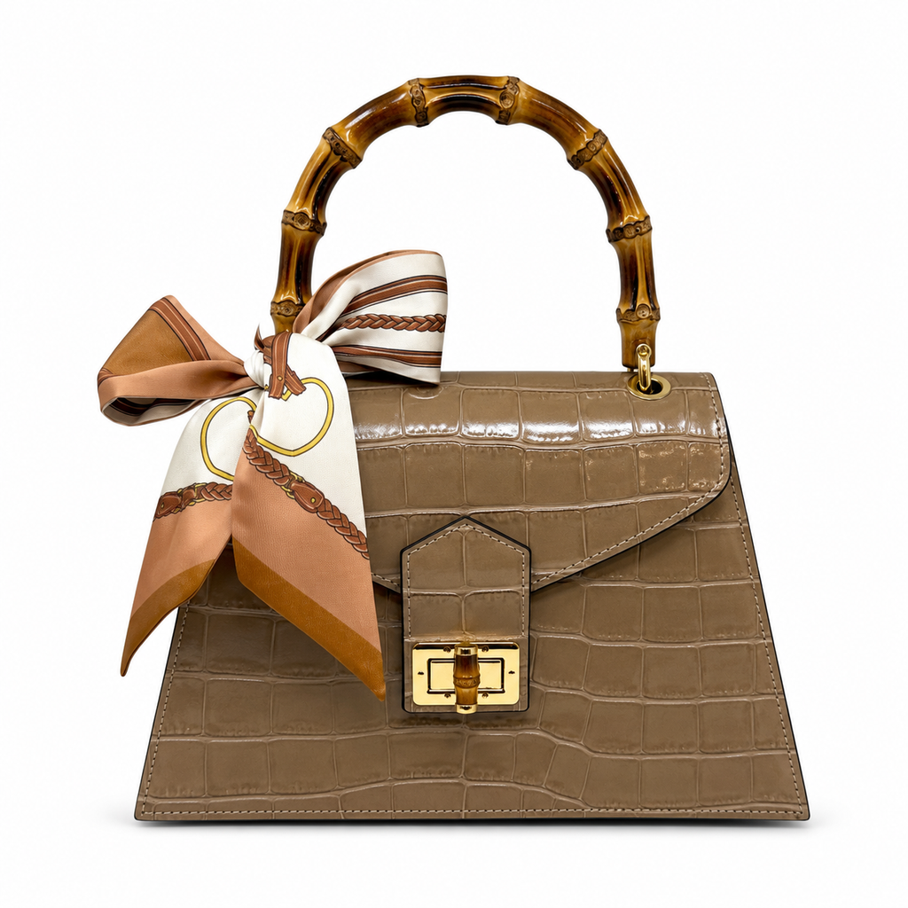 GF1925 - LUXURY ITALIAN CROCCO LEATHER BAMBOO HANDLE BAG: IVORY