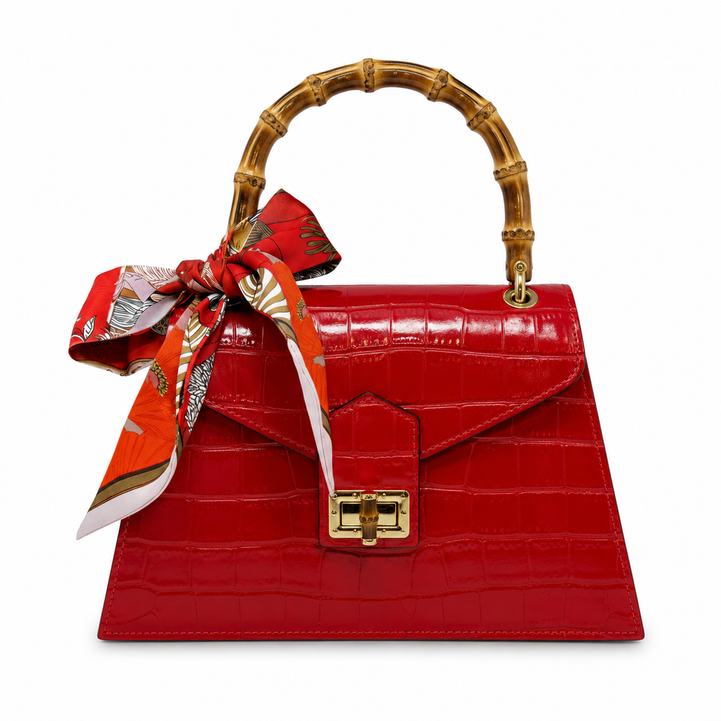 GF1925 - LUXURY ITALIAN CROCCO LEATHER BAMBOO HANDLE BAG: CAMEL