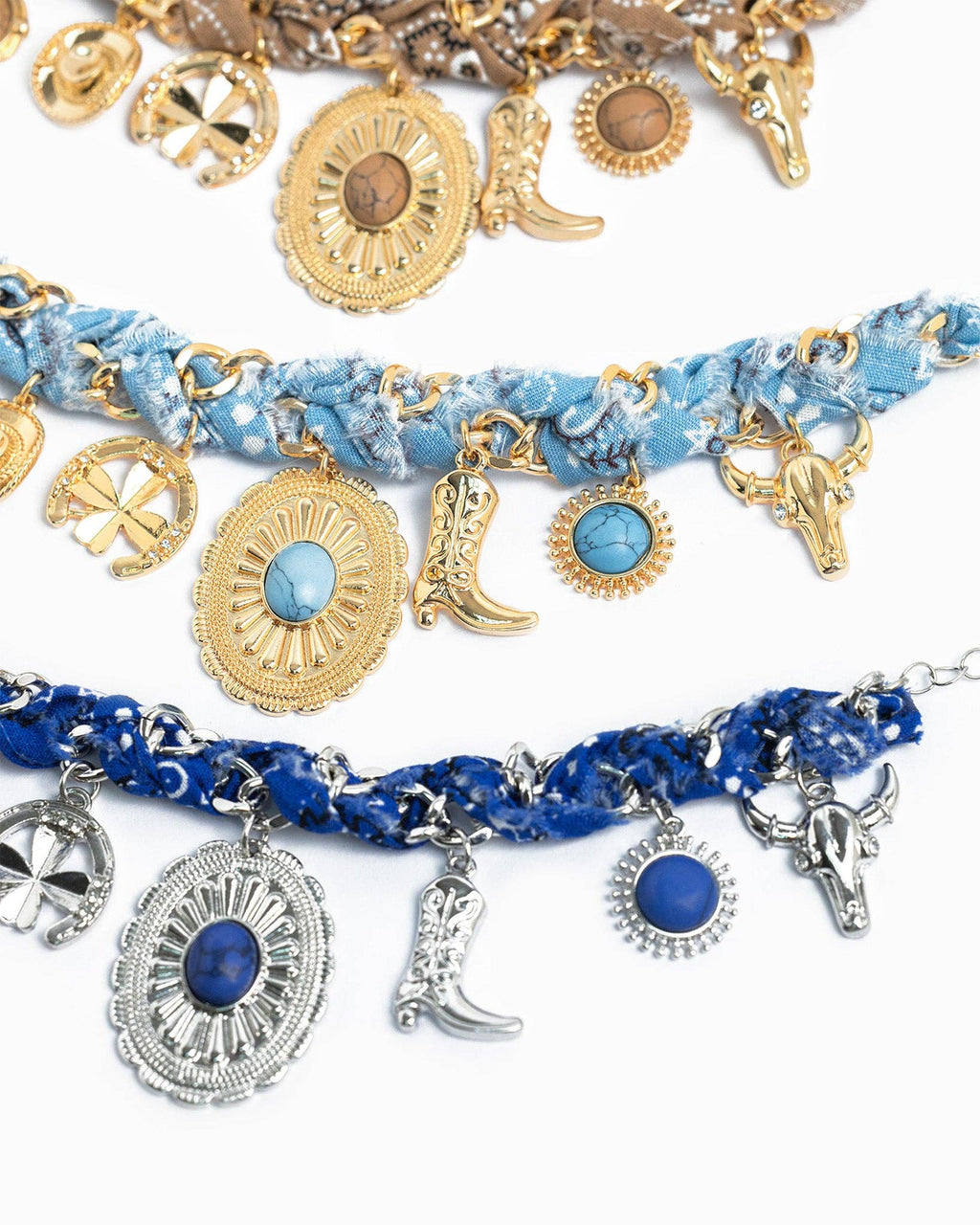 Paisley Scarf Western Concho Multi Charm Bracelet: Blue