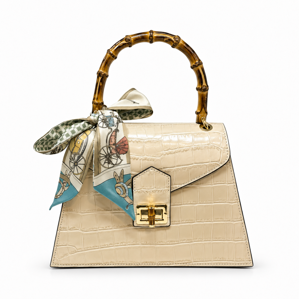 GF1925 - LUXURY ITALIAN CROCCO LEATHER BAMBOO HANDLE BAG: IVORY