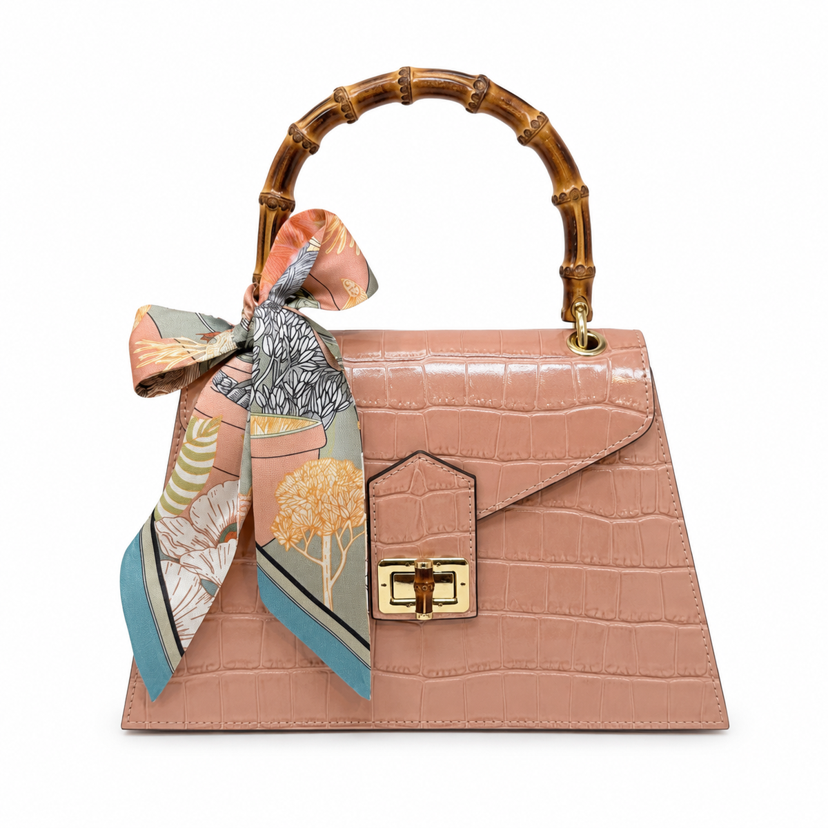 GF1925 - LUXURY ITALIAN CROCCO LEATHER BAMBOO HANDLE BAG: CAMEL