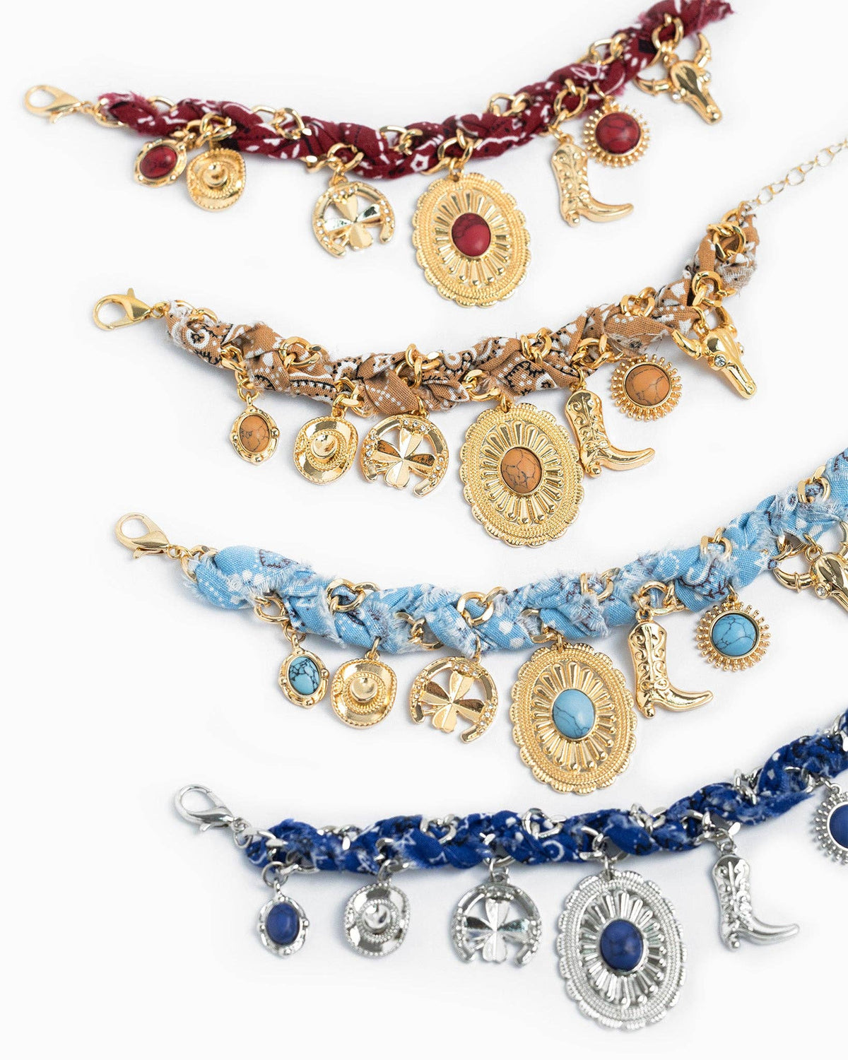 Paisley Scarf Western Concho Multi Charm Bracelet: Blue