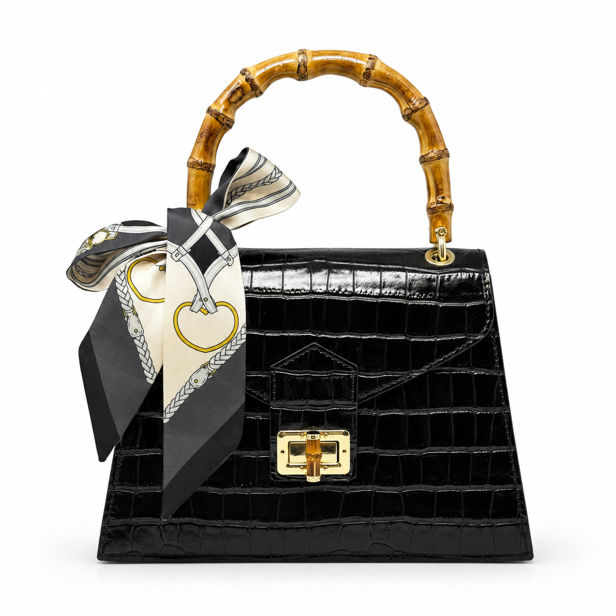 GF1925 - LUXURY ITALIAN CROCCO LEATHER BAMBOO HANDLE BAG: IVORY